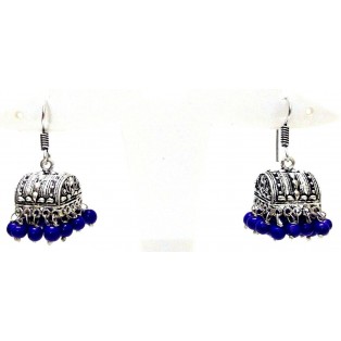 Silver Oxidized Earring - Hook Dangle Drop Tribal - Magic Box with Blue Beads 4